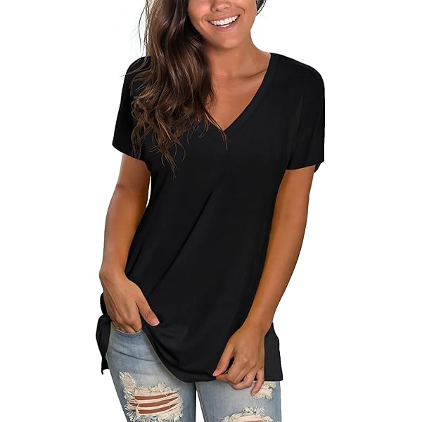 WIHOLL Womens Short Sleeve Tops V Neck Tshirts Loose Fit Plain